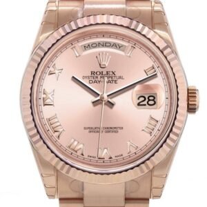 Rolex Day-Date 36 Pink Roman Dial Fluted Bezel Oyster Everose Gold Watch 118235