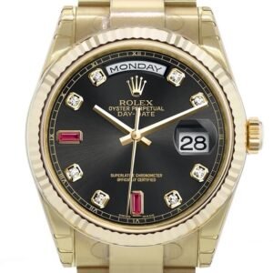 Rolex Day-Date 36 Black set with diamonds and rubies Dial Fluted Bezel Yellow Gold Watch 118238