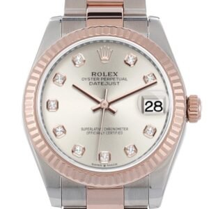 Rolex Datejust 31 Silver Diamond Dial Fluted Bezel 18K Everose Gold Two Tone Watch 278271