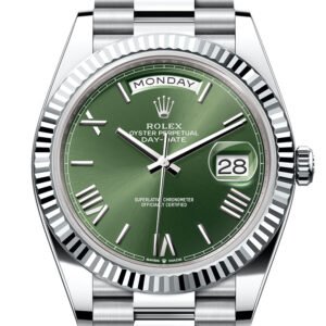Rolex Day-Date 40 Olive Green Dial Fluted Bezel Platinum President Men's Watch 228236