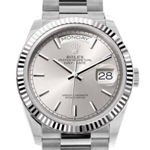 Rolex Day-Date 36 Silver Dial Fluted Bezel White gold President Watch 128239