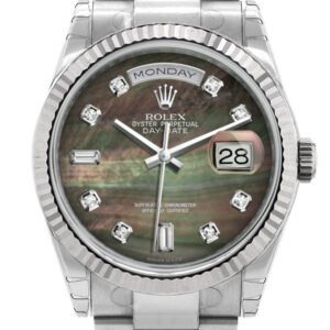 Rolex Day-Date 36 Black mother-of-pearl set with Diamonds Dial Fluted Bezel Oyster White Gold Watch 118239