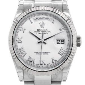 Rolex Day-Date 36 White Roman Dial Fluted Bezel Oyster White Gold Watch 118239