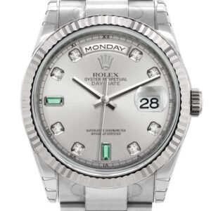 Rolex Day-Date 36 Rhodium set with Diamonds and emeralds Dial Fluted Bezel Oyster White Gold Watch 118239