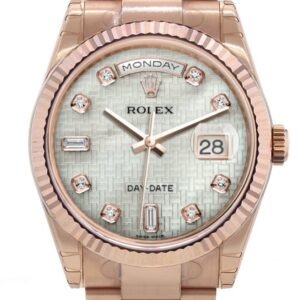 Rolex Day-Date 36 White mother-of-pearl with oxford motif set with diamonds Dial Fluted Bezel Oyster Everose Gold Watch 118235