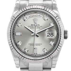 Rolex Day-Date 36 Silver set with Diamonds Dial Fluted Bezel Oyster White Gold Watch 118239