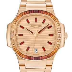 Patek Philippe Nautilus Ladies Rose Gold Baguette Cognac Bezel Watch 7118/1300R-001