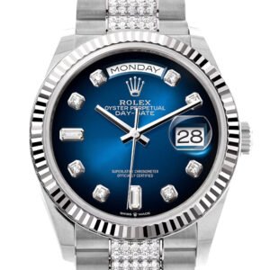 Rolex Day-Date 36 Blue ombré Diamond Dial Fluted Bezel White Gold Diamond President Watch 128239