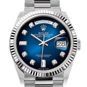 Rolex Day-Date 36 Blue ombré Diamond Dial Fluted Bezel White gold President Watch 128239
