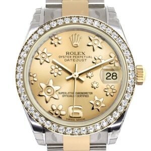Rolex Datejust 31 Champagne raised floral motif Dial Diamond Bezel Yellow Gold Two Tone Watch 178383