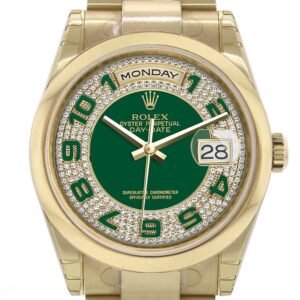 Rolex Day-Date 36 Green Diamonds paved Dial Yellow Gold Watch 118208