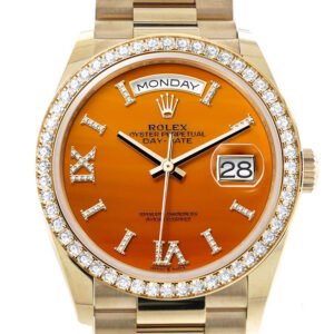 Rolex Day-Date 36 Carnelian Dial Gold Diamond Bezel Watch 128348RBR-0049 128348RBR
