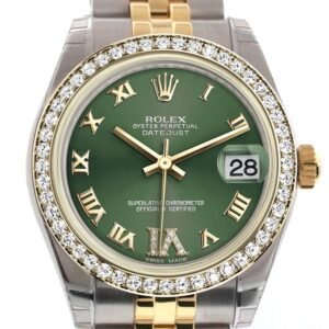 Rolex Datejust 31 Olive Green Large VI Diamonds Dial Diamond Bezel Jubilee Yellow Gold Two Tone Watch 178383