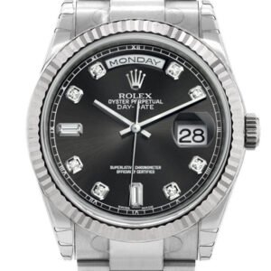 Rolex Day-Date 36 Black set with Diamonds Dial Fluted Bezel Oyster White Gold Watch 118239