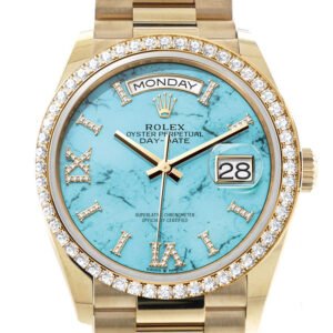Rolex Day-Date 36 Turquoise Dial Gold Diamond Bezel Watch 128348RBR-0037 128348RBR