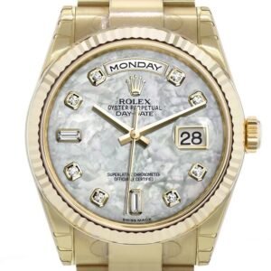Rolex Day-Date 36 White mother of pearl set with diamonds Dial Fluted Bezel Yellow Gold Watch 118238