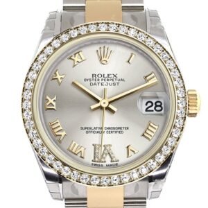 Rolex Datejust 31 Silver Large VI Diamonds Dial Diamond Bezel Yellow Gold Two Tone Watch 178383