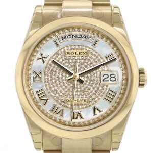 Rolex Day-Date 36 White mother of pearl Diamonds paved Dial Yellow Gold Watch 118208