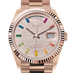 Rolex Day-Date 36 Diamond Paved Dial Fluted Bezel 18K Everose gold President Watch 128235