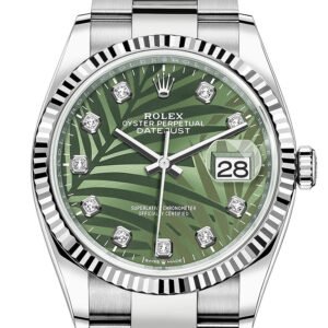 Rolex Datejust 36 Olive Green Palm Motif Diamond Dial Fluted Watch 126234