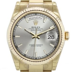 Rolex Day-Date 36 Silver Dial Fluted Bezel Yellow Gold Watch 118238