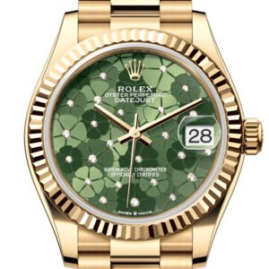 Rolex Datejust 31 Olive Green Floral Motif Diamond Dial Fluted Bezel Yellow Gold Ladies Watch 278278 278278-0046