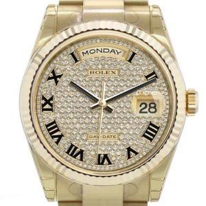 Rolex Day-Date 36 Diamond-paved Dial Fluted Bezel Yellow Gold Watch 118238