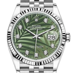 Rolex Datejust 36 Olive Green Palm Motif Diamond Dial Fluted Watch Jubilee 126234