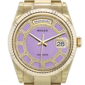 Rolex Day-Date 36 Carousel of Lavender jade Dial Fluted Bezel Yellow Gold Watch 118238