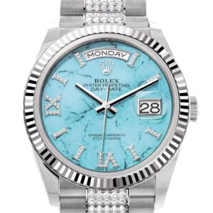 Rolex Day-Date 36 Turquoise Diamond Dial Fluted Bezel White Gold Diamond President Watch 128239