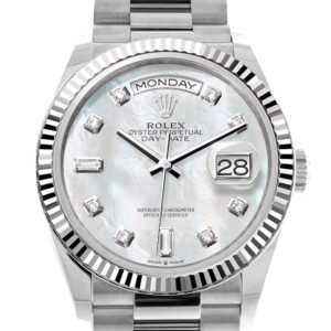 Rolex Day-Date 36 Mother of Pearl Diamond Dial Fluted Bezel White gold President Watch 128239