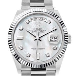Rolex Day-Date 36 Mother of Pearl Diamond Dial Fluted Bezel Platinum President Watch 128236