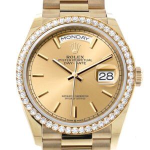 Rolex Day-Date 36 Champagne Dial Gold Diamond Bezel Watch 128348RBR-0026 128348RBR
