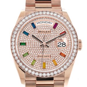 Rolex Day-Date 36 Everose Diamond Bezel Diamond Paved Rainbow Sapphire Dial President Bracelet Watch 128345RBR