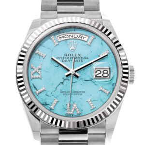 Rolex Day-Date 36 Turquoise Diamond Dial Fluted Bezel White gold President Watch 128239
