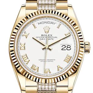 ROLEX Day-Date 36 White Roman Dial 18K Yellow Gold Watch Diamond set president Bracelet 128238 DC