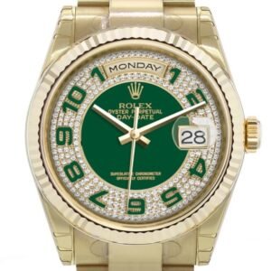Rolex Day-Date 36 Green diamond paved Dial Fluted Bezel Yellow Gold Watch 118238