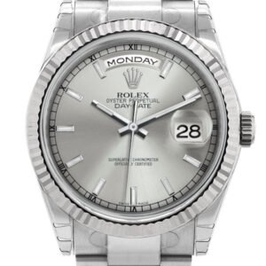 Rolex Day-Date 36 Silver Dial Fluted Bezel Oyster White Gold Watch 118239