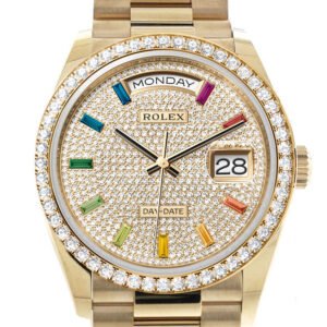 Rolex Day-Date 36 Paved Rainbow Sapphire Dial Gold Diamond Bezel Diamond President Watch 128348RBR-0030 128348RBR