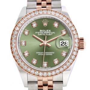 Rolex Datejust 28 Olive Green Diamonds Dial Diamond Bezel Rose Gold Two Tone Watch 279381RBR 279381
