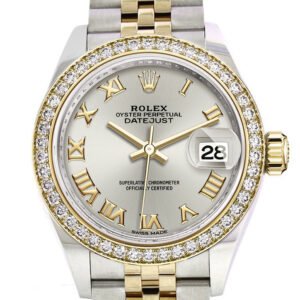 Rolex Datejust 28 Silver Roman Dial Diamond Bezel Yellow Gold Jubilee Ladies Watch 279383RBR 279383