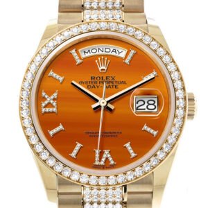 Rolex Day-Date 36 Carnelian Dial Gold Diamond Bezel Watch 128348RBR-0050 128348RBR