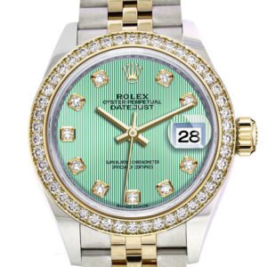 Rolex Datejust 28 Mint Green set with diamonds Dial Diamond Bezel Yellow Gold Jubilee Ladies Watch 279383RBR 279383