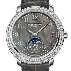Patek Philippe Complications Black Mother of Pearl Dial Diamond Bezel 18kt White Gold Leather 33mm Ladies Watch 4968G-001