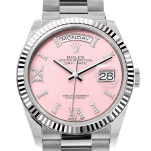Rolex Day-Date 36 Pink Opal Diamond Dial Fluted Bezel White gold President Watch 128239