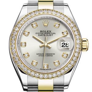 Rolex Datejust 28 Silver set with diamonds Dial Diamond Bezel Yellow Gold Ladies Watch 279383RBR 279383