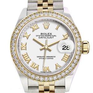 Rolex Datejust 28 White Roman Dial Diamond Bezel Yellow Gold Jubilee Ladies Watch 279383RBR 279383