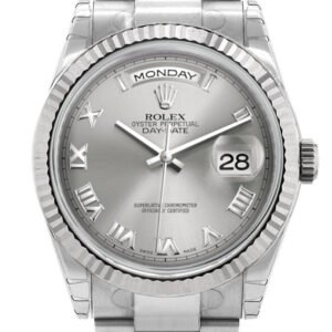 Rolex Day-Date 36 Rhodium Roman Dial Fluted Bezel Oyster White Gold Watch 118239
