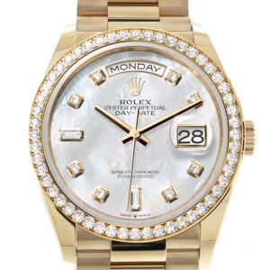 Rolex Day-Date 36 Mother of Pearl Dial Gold Diamond Bezel Watch 128348RBR-0017 128348RBR