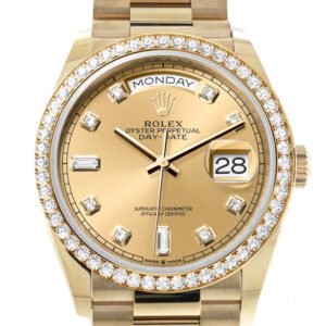 Rolex Day-Date 36 Champagne Diamond Dial Gold Diamond Bezel Watch 128348RBR-0008 128348RBR